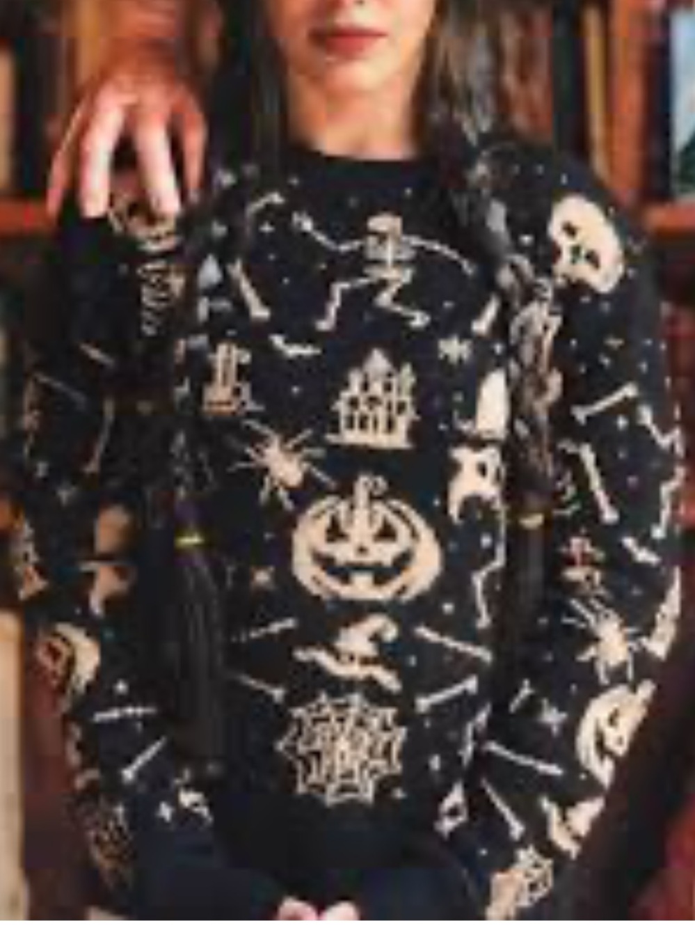 Kiel James Patrick Black Crewneck Sweater with Cream Halloween Motifs